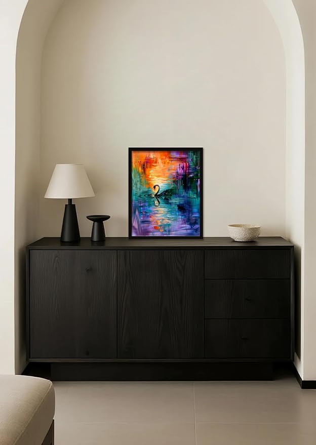 Monet Style Colorful Wall Art Prints Black Swan In The Misty Lake Poster Canvas Art Wall Decor Picture For Bedroom Dorm Office living room Bathroom Wall Decor Aesthetic Home Artwork 16" × 20" With Framed