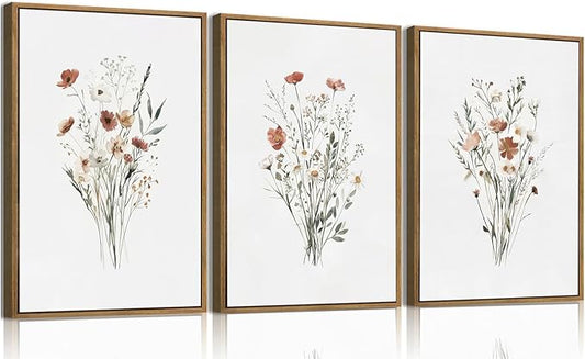 KISSFOX Framed Wildflower Wall Art Floral Canvas Wall Art Flower Pictures Wall Decor Watercolor Daisy Botanical Paintings Set of 3 for Bedroom Bathroom Living Room