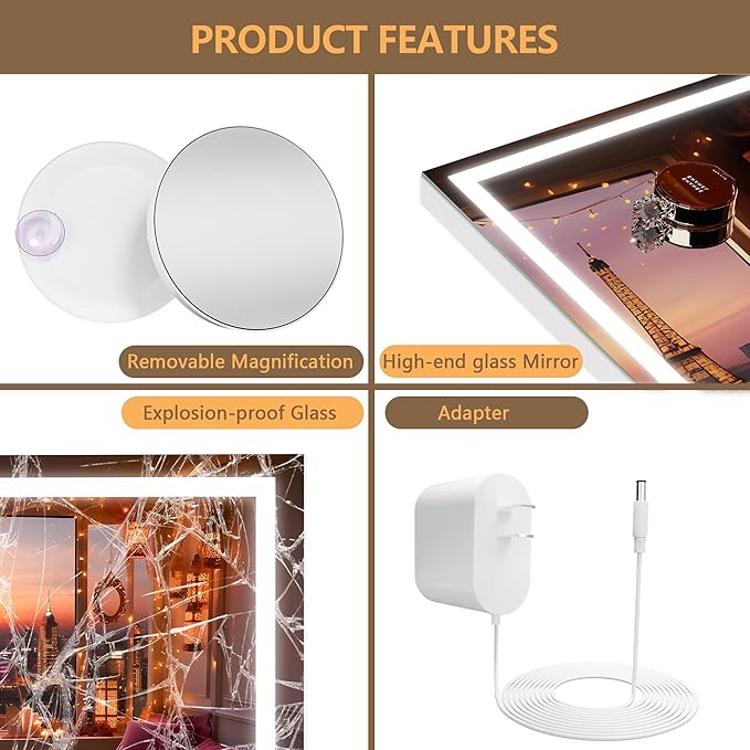 Hasipu Vanity Mirror with Lights, 37" x 26" LED Makeup Mirror, Lighted Makeup Mirror with Dimmable 3 Modes, Touch Screen Control Vanity Mirror Square White