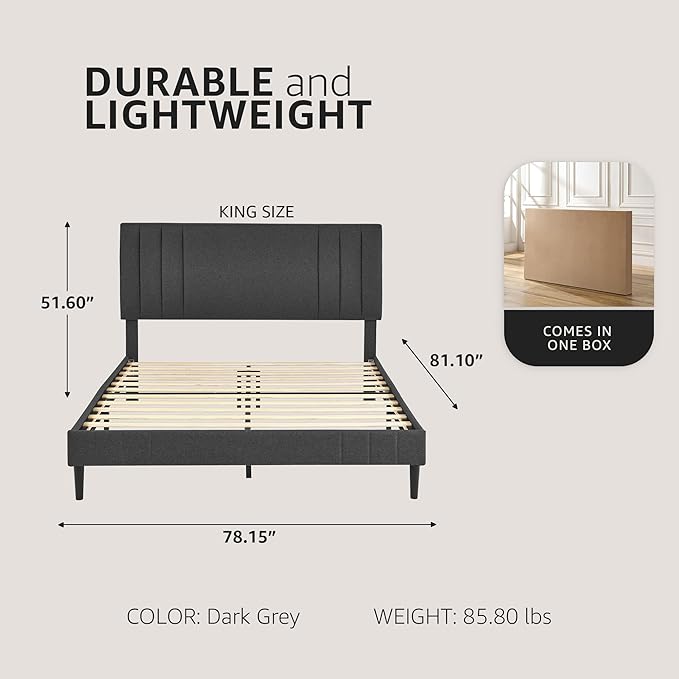 Decoro Chicago Modern Tufted Upholstered Platform King Size Bed Frame, Dark Grey