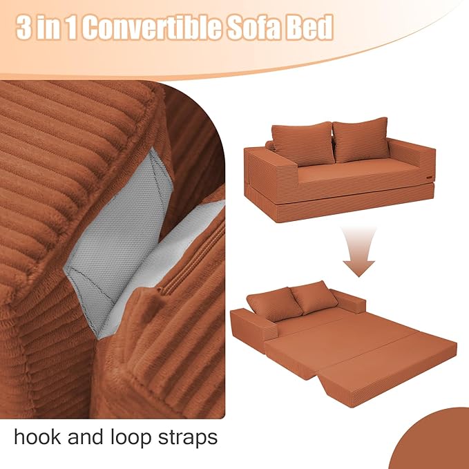 COMAX Convertible Sofa Bed Queen, Corduroy Folding Floor Couch Pull Out Couch Bed Futon Sleeper with Pillows, Fold Out Boneless Sofa Comfy Lounge Mattress Loveseat for Living Room Bedroom