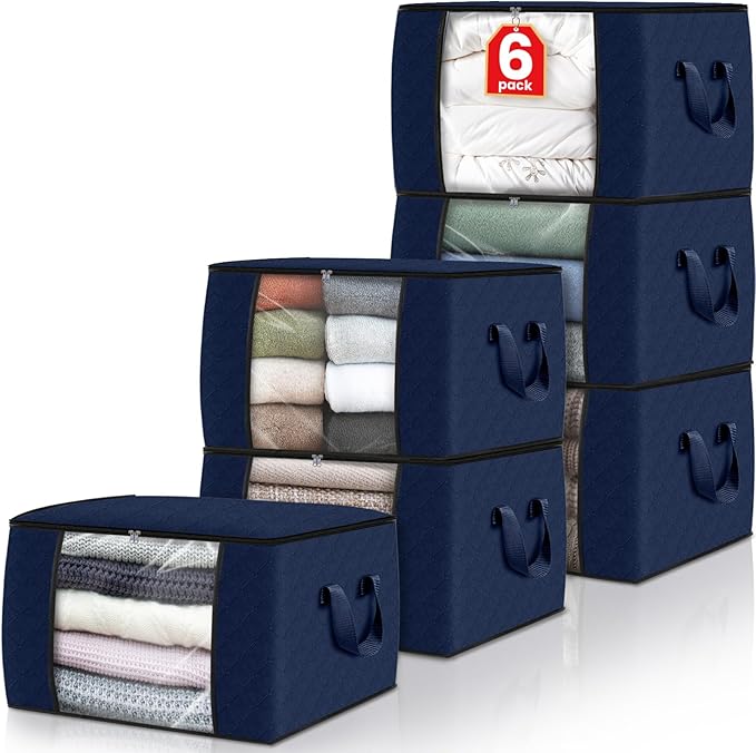Fab totes Storage Bags,Clothes Blanket Storage Bins Foldable Closet Organizers with Reinforced Handle for Home Dorm Storage and Organization,Fabric Bags for Organizing Sheets,Clothing (Blue,6 Pack)