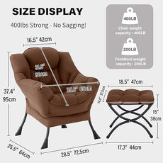 Tiita Lazy Chair with Ottoman, Modern Large Accent Lounge Armchair, Comfy Leisure Sofa Reading Chair with Footrest for Bedroom, Living Room, Dorm Rooms, Garden and Courtyard, Brown
