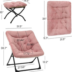 Comfy Saucer Chair for Adults, Soft Faux Fur Bedroom Chair with Ottoman, Accent Dorm Chairs, Living Room Reading Chairs and Footstool, Folding Lounge Seat for Teens, X-Large, Dusky Pink