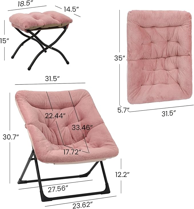 Comfy Saucer Chair for Adults, Soft Faux Fur Bedroom Chair with Ottoman, Accent Dorm Chairs, Living Room Reading Chairs and Footstool, Folding Lounge Seat for Teens, X-Large, Dusky Pink