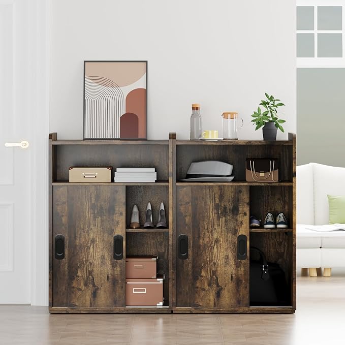 Adjustable Storage Cabinet with Sliding Doors, Multi-Functional Organizer with 2-Tier Shelves, Height-Adjustable Design, Compact Cabinet for Bedroom, Living Room, or Office (Retro Brown)