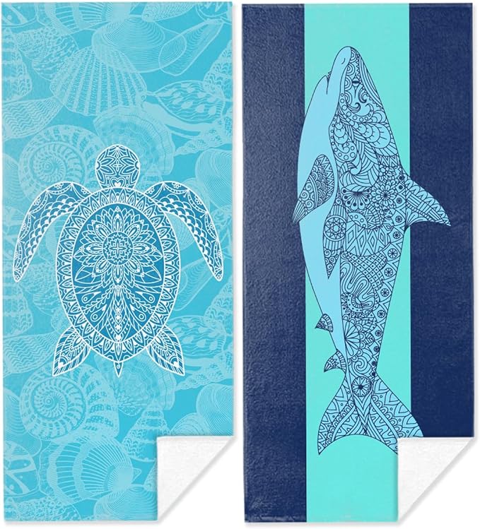 2 Pack Ocean Sea Turtle Shark Beach Towel Microfiber Thin Lightweight Quick Dry Oversized Swim Towels Beach Accessories Cruise Vacation Necessities for Bathroom Pool Camping Travel 32x71 inch