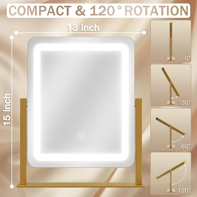 ROLOVE Gold Vanity Mirror with Lights, 15"x13" Lighted Makeup Mirror with Smart Touch, 3-Color Dimmable Lighting, 360° Rotation, Tabletop Mirror for Desk or Bedroom