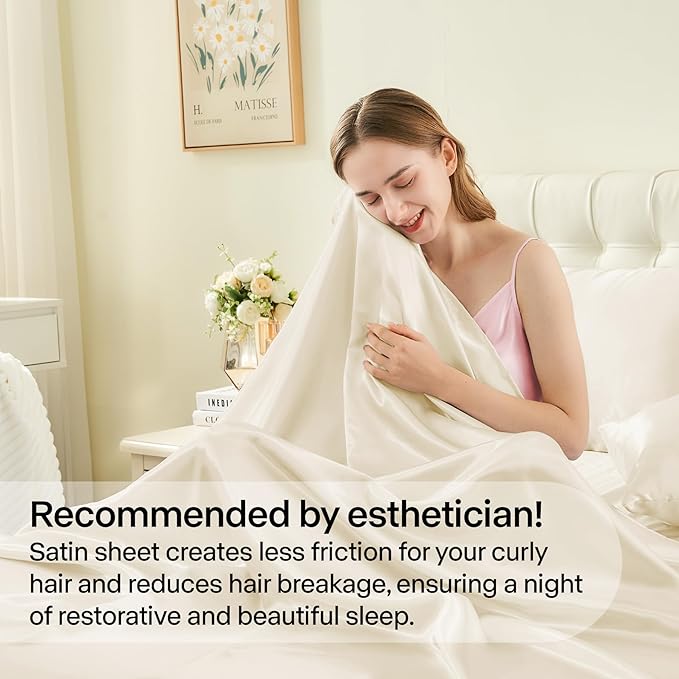BEDELITE Satin Sheets Twin Size Bed Set, Luxury Soft Beige Silky Sheets for Hair and Skin, Similar to Silk Bed Sheets Set 3 Pieces with 1 Deep Pocket Fitted Sheet, 1 Flat Sheet, and 1 Pillowcase