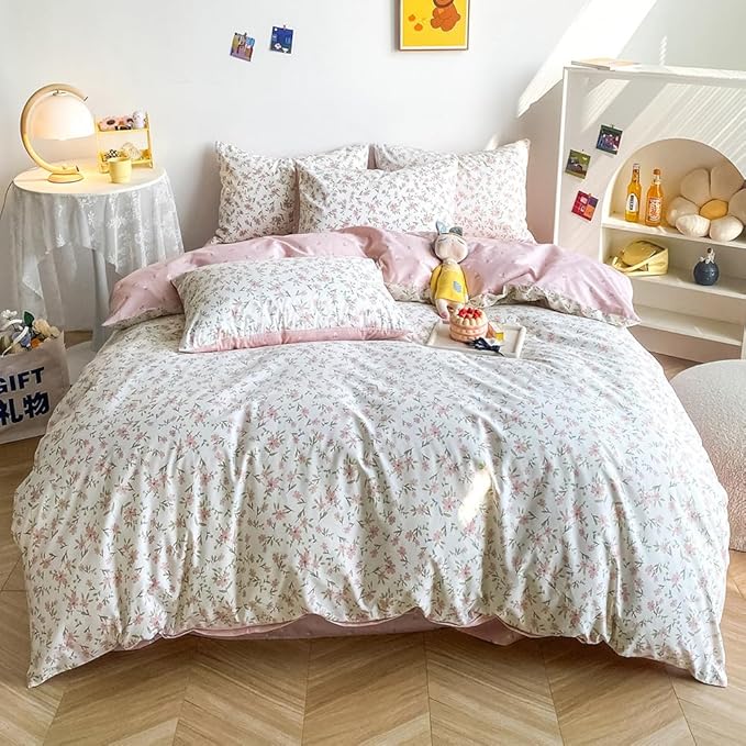 HIGHBUY Soft Cotton White Duvet Cover Queen with Pink Floral Print,Garden Style Botanical Comforter Zipper Closure,Cottagecore Set -1 Cover,2 Pillowcases, Queen(90''x90''), (HB03641Q)