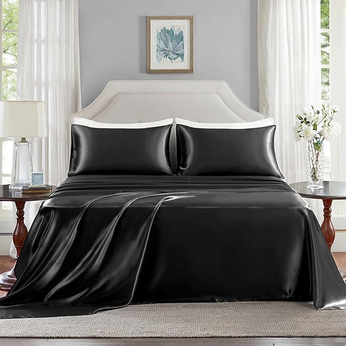 Satin Sheets Full Size - 4 Pieces Luxury Silky Soft Bed Sheets, Wrinkle-Free Black Satin Silk Sheet Set with 1 Deep Pocket Fitted Sheet, 1 Flat Sheet, 2 Pillow Cases