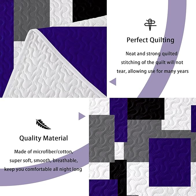 2 Piece Dark Purple Grey Quilt Set Twin Size Black White Gray Geometric Reversible Bedding Set Microfiber Lightweight Bedspread Coverlet with 1 Sham Modern Bed Covers for All Season, 68''x86''