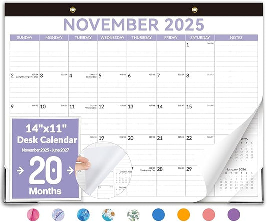 Forvencer Desk Calendar 2026, 20 Months Calendar, Nov. 2025-Jun. 2027, 14" x 11" Wall Calendar 2026 Monthly Planner with Plastic Cover & Stickers & Thick Paper for Office Home School Supplies