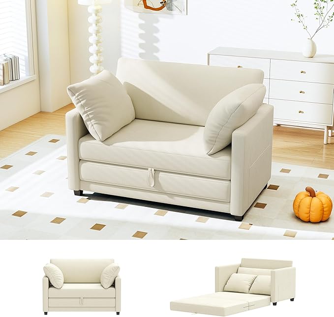 51" Convertible Sofa Bed, 2 in1 Folding Sofa Bed, Loveseat Sleeper Sofa for Small Spaces, Fold Out Floor Couch with 2 Pillows for Apartment, Living Room & Guest Room, Beige Chenille Fabric
