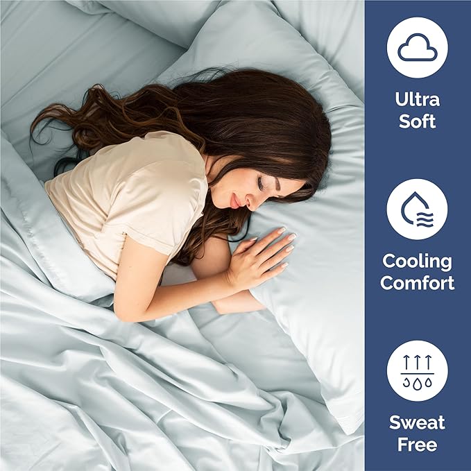 Split King Sheets Set 7 Piece - Includes 4 Pillowcases - Bed Sheets Split King - Soft Hotel Luxury Bedding - Cooling, Comfy & Breathable - 1 Flat & 2 Fitted & 4 Pillowcases w/ Deep Pockets - Ice Blue