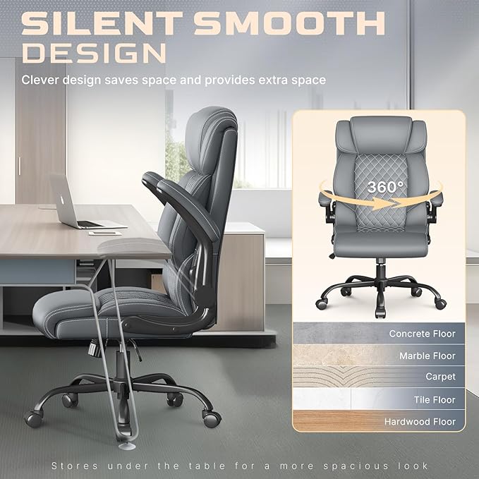 Office Chair, Ergonomic Big and Tall Executive Desk Chair, Breathable Leather Chair with Adjustable Flip-up Armrests, Lumbar Support Swivel Computer Chair with Rocking Function (Gray)