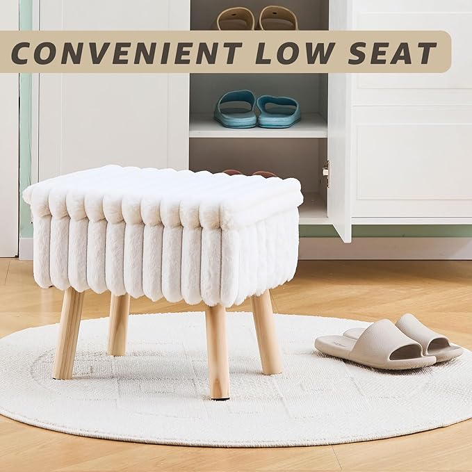Wimarsbon Storage Ottoman,Soft Faux Fur Footstool with Padded Seat, Small Reading Vanity Chair, Footrest with Wood Tray for Couch, Mini Coffee Table or Display Stand (Cream, Rectangular Storage)