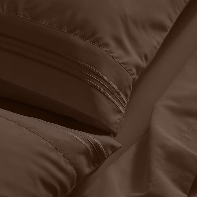 Mellanni Queen Sheet Set - 6-Piece Iconic Collection Bedding, (Including 4 Pillowcases), 21-Inch Extra Deep Pocket, Easy Care, Ultra Soft, Cooling Sheets, Brushed Microfiber - Brown