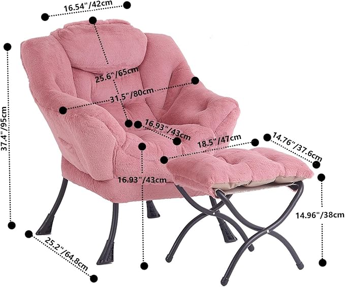 Tiita Lazy Chair with Ottoman, Modern Large Accent Lounge Armchair, Comfy Leisure Sofa Reading Chair with Footrest for Bedroom, Living Room, Dorm Rooms, Garden and Courtyard, Plush Dark Pink