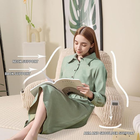 Reading Pillow for Sitting in Bed, Large Backrest Reading Pillow with Arm Rest,Back-Rest Support Cushion for Sit Up on Couch, Sofa, and Floor, Dorm Essentials (Cream Corduroy, Large(19"))