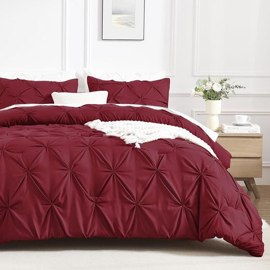 Andency Burgundy Oversized King Comforter Set (120x98Inch), 3 Pieces Lightweight Pinch Pleat Cal King Bedding Comforters & Sets, Oversized Pintuck Soft Fluffy Down Alternative Bed Set for All Season