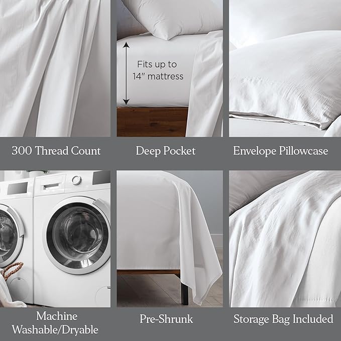 Ella Jayne Percale Sheets Twin Size (4 Pieces) Permium 100% Cotton Percale TC300, Hotel Luxury Collection, Deep Pockets and Cooling Cotton Percale Sheets King (Light Grey)