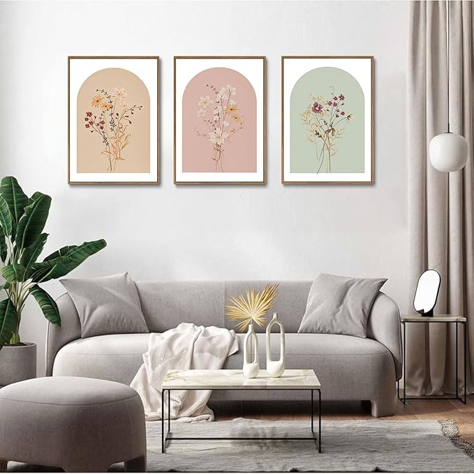 KISSFOX 3 Piece Framed Wall Art Botanical Wall Decor Floral Pictures Wildflower Canvas Art Pink Green Yellow Paintings Minimalist Boho Artwork For Girly Room Bedroom Apartment Living Room