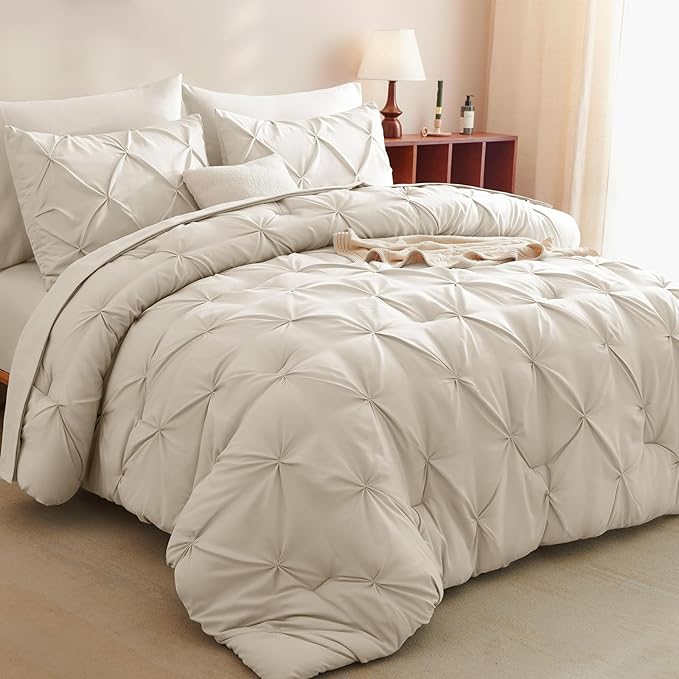CozyLux California King Comforter Set Beige - 7 Pieces Cal King Bed in A Bag Gift for Family, Pinch Pleat Bedding Sets with All Season Comforter, Sheets, Pillowcases & Shams