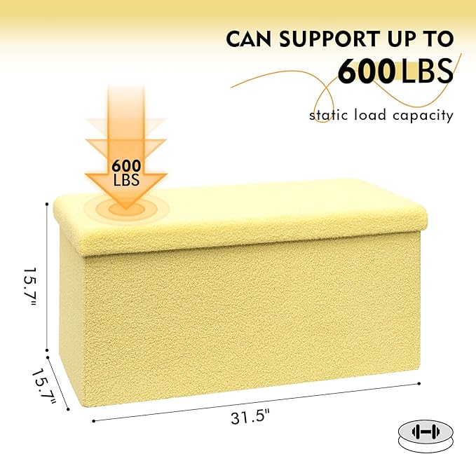 PINPLUS Storage Ottoman Bench, Folding Upholstered Sherpa Ottoman, Large Storage Chest Footrest with Lids, Entryway Bench for Living Room, Yellow, 31.5'' x 15.7'' x 15.7''