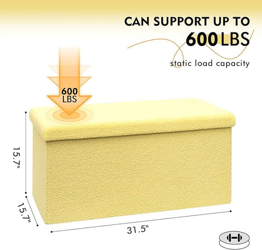 PINPLUS Storage Ottoman Bench, Folding Upholstered Sherpa Ottoman, Large Storage Chest Footrest with Lids, Entryway Bench for Living Room, Yellow, 31.5'' x 15.7'' x 15.7''