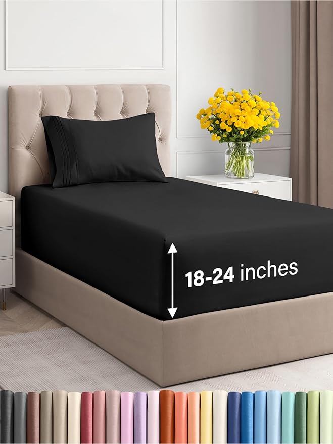 Extra Deep Pocket Twin XL Sheets - 3 Piece Breathable & Cooling Bed Sheets - Hotel Luxury Bed Sheet Set - Soft, Wrinkle Free & Comfy - Easily Fits Extra Deep Mattresses - Deep Pocket Black Sheets Set