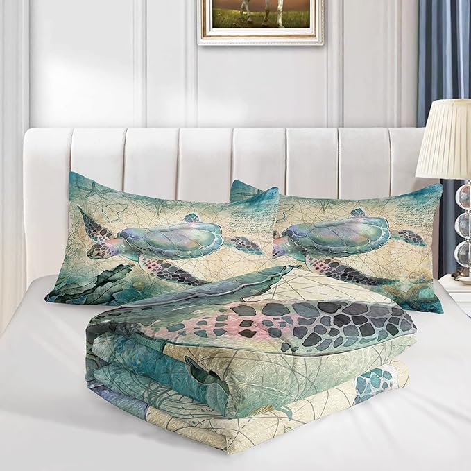 CVHOUSE Sea Turtle Comforter Set, Ocean Bedding for Kids Teens, Duvet Quilt Room Decor Queen Size