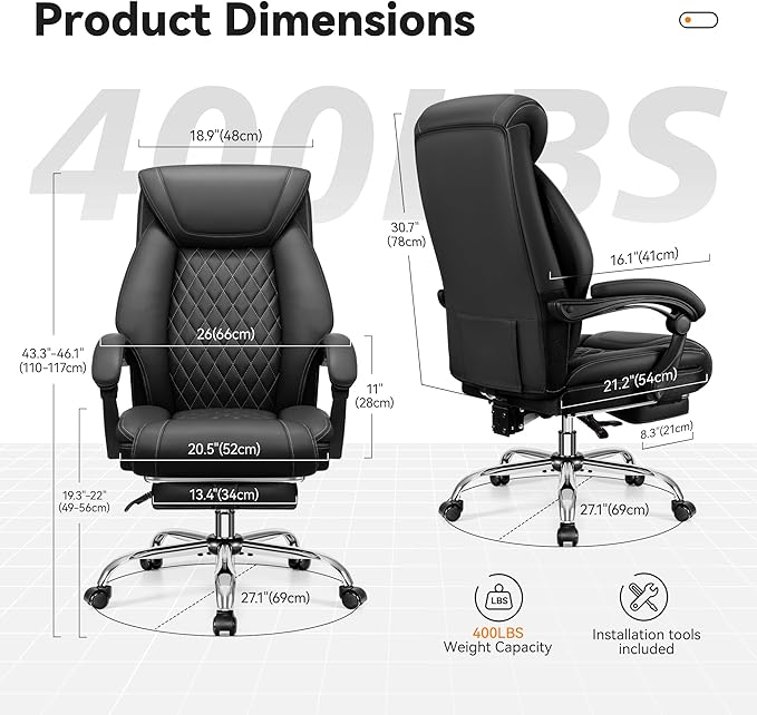 Office Chair, Executive Leather Chair Adjustable High Back, Ergonomic Computer Desk Chair Lumbar Support, Big and Tall Office Chair with Footrest, Comfy Reclining Chair for Home Office