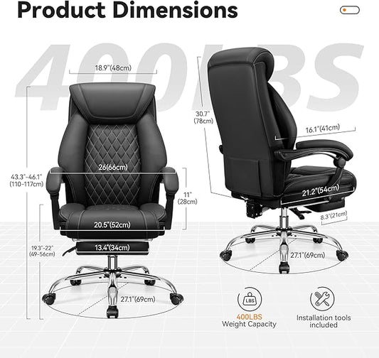 Office Chair, Executive Leather Chair Adjustable High Back, Ergonomic Computer Desk Chair Lumbar Support, Big and Tall Office Chair with Footrest, Comfy Reclining Chair for Home Office