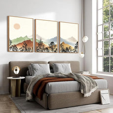 BINCUE Boho Mountain Canvas Wall Art Framed Mountain Wood Wall Decor for Living Room Bedroom Office 3 Panel 16x24 Inches