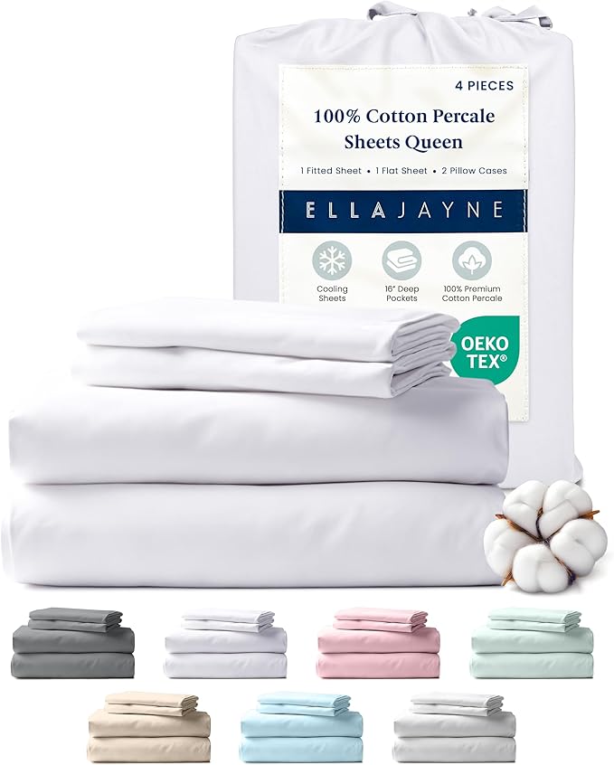 Ella Jayne Percale Sheets Queen (4 Pieces), Permium 100% Cotton Percale TC300, Hotel Luxury Collection, Deep Pockets and Cooling Percale Sheets (White)