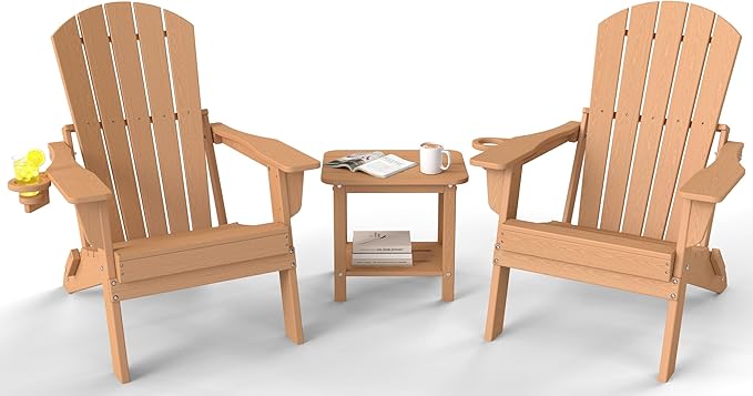 3-Piece Folding Adirondack Chair Set - 38" Extra Tall Back & Embossed Wood Grain, Oversized HDPE Patio Furniture with Side Table & Cup Holders, 380lb Heavy Duty, Cedar