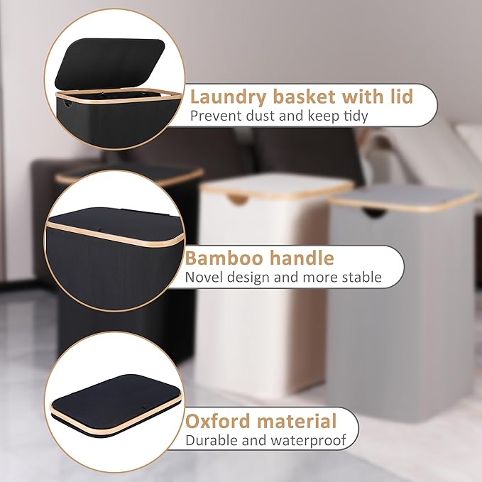 150L Laundry Basket with Lid,Large Laundry Hamper with Bamboo Handles, Hampers for Laundry, Dirty Clothes Hamper with 2 Removable Inner Bags for Clothes Toys Towels,Black