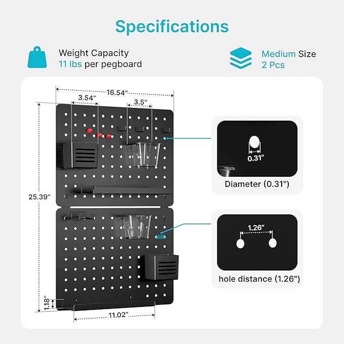 Pegboard Wall Organizer Combination Kit, Overall 25.4"x16.6" Metal Office Pegboard with 13 Accessories, Wall Mounted Peg board Display Panels for Home, Gaming Room, Garage (2Pcs, Medium,Black)