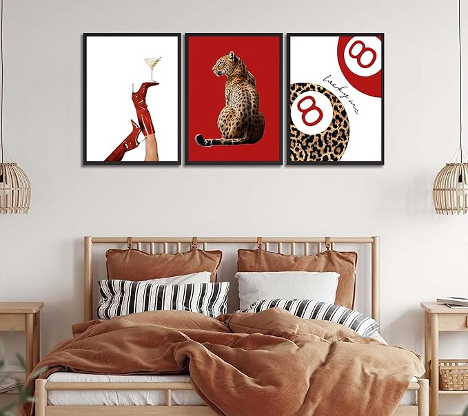 Trendy Leopard Canvas Wall Art Set of 3 Preppy Funky Red Boot Martini 8 Ball Wall Decor Pictures Feminism Aesthetic Cheetah Poster Prints for Girly Bedroom Apartment Decoration 16X24in Unframed