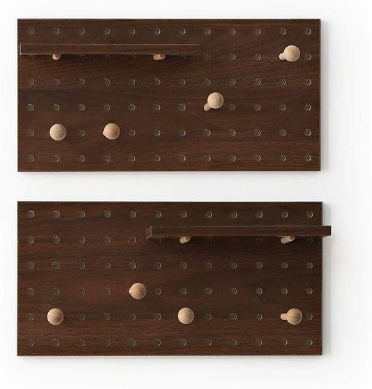 Wooden Pegboard Modular Display Organization Storage Wall Hooks Shelf(Color：Walnut)