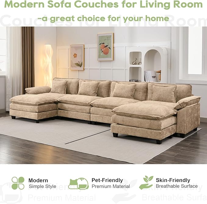 154" Modular Sectional Sofa, Comfy Cloud Couch Sectional Sofa with Ottoman, Chenille Sofa Sleeper Deep Seat Sofa with Throw Pillows for Living Room (Khaki, 154"- U Shape)
