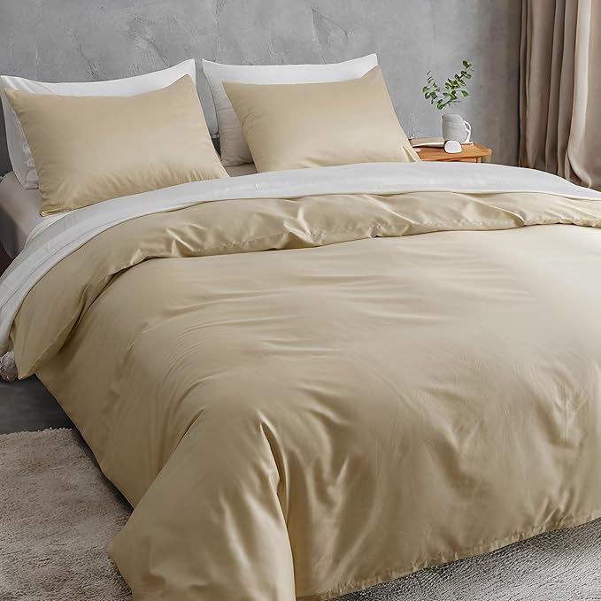 HeimenAogo Egyptian Cotton Duvet Cover Full Sateen Weave, Silky Soft and Breathable Bedding Set with Zipper Closure, Long Staple Cotton Bed Linen Cream 3Pcs (80"×90")