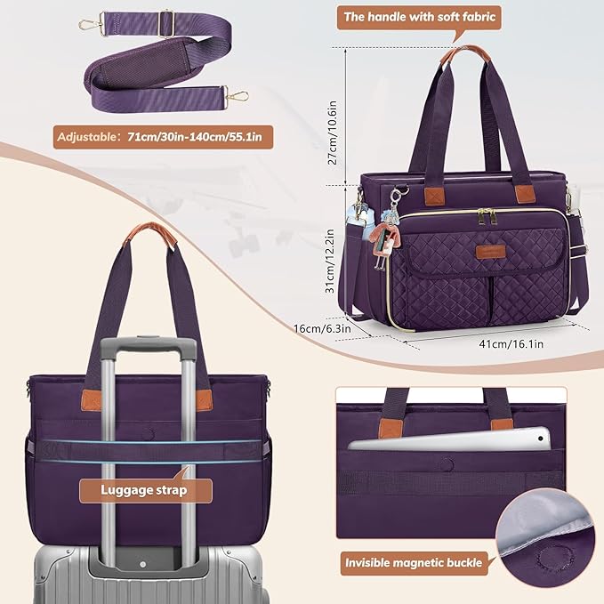 RAINSMORE Teacher Tote Bag for Women Work Bags 15.6 Inch Laptop Tote Bag with Large Cup Holder Nurse Bag Computer Handbag