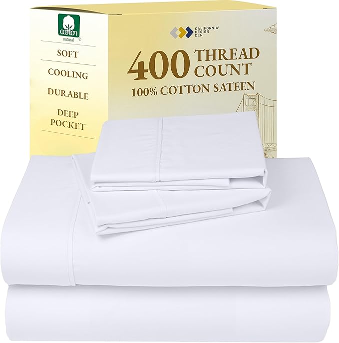California Design Den Natural 100% Cotton Sheets Queen Size Bed Set - Soft 400 Thread Count Sateen, Queen Sheets, Deep Pockets with All Around Elastic for a Snug Fit, Durable Bedding - White