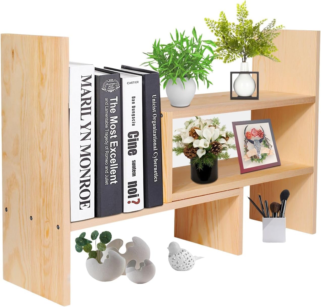 Flexzion Natural Wooden Desktop Shelf Wood Caddy Desk Organizer Set Office Storage Adjustable Expandable Tabletop Accessory Sorter Bookcase Display Stand Rack (Beige)