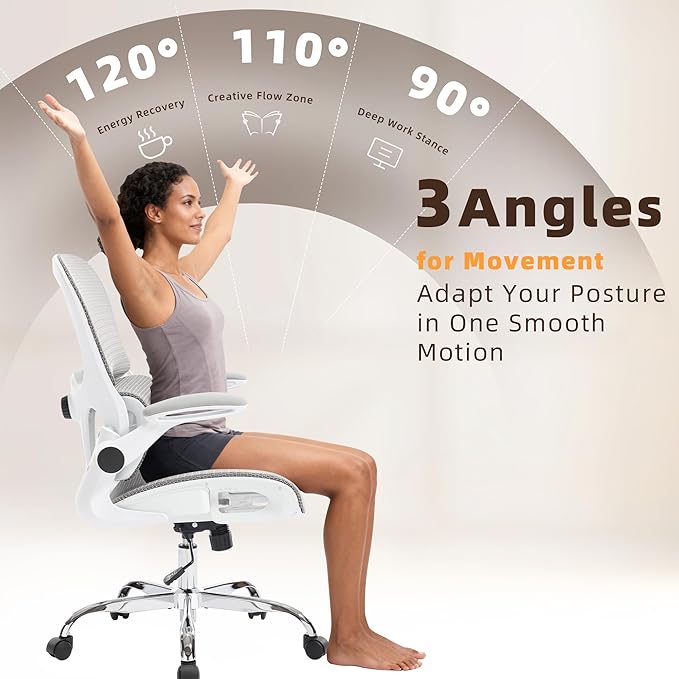Office Chair, Ergonomic Desk Chair with Adjustable High Back 2D Lumbar Support Flip-up Armrests, Executive Breathable Mesh Comfy Swivel Rolling Computer Task Chair for Home Office Study Work Gaming