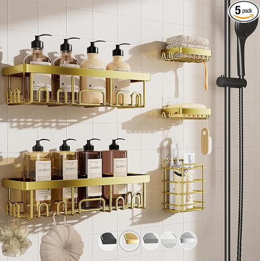 Veken Adhesive Shower Caddy 5-Pack,Heavy Weight Bearing,Large Wall Mounted Shower Shelves Rack,Organizer Storage Accessories with Soap Dish&Toothbrush Holder,Ideal for Bathroom,Home&Kitchen,Gold