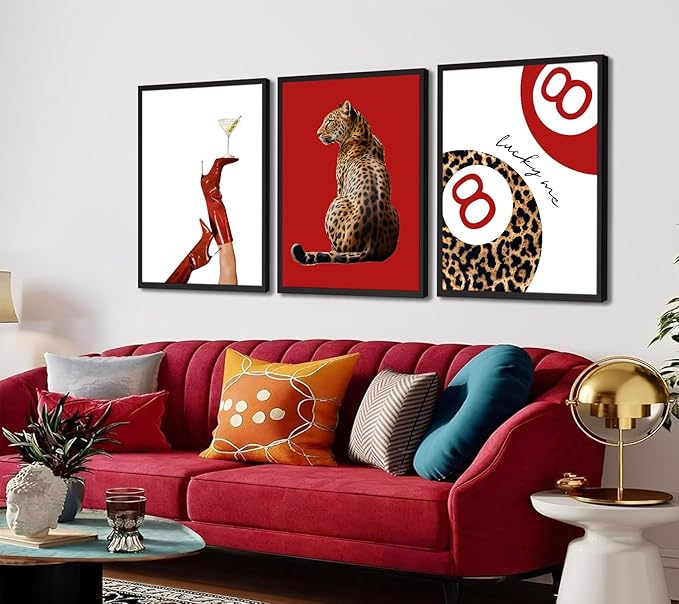 Trendy Leopard Canvas Wall Art Set of 3 Preppy Funky Red Boot Martini 8 Ball Wall Decor Pictures Feminism Aesthetic Cheetah Poster Prints for Girly Bedroom Apartment Decoration 12X16in Unframed