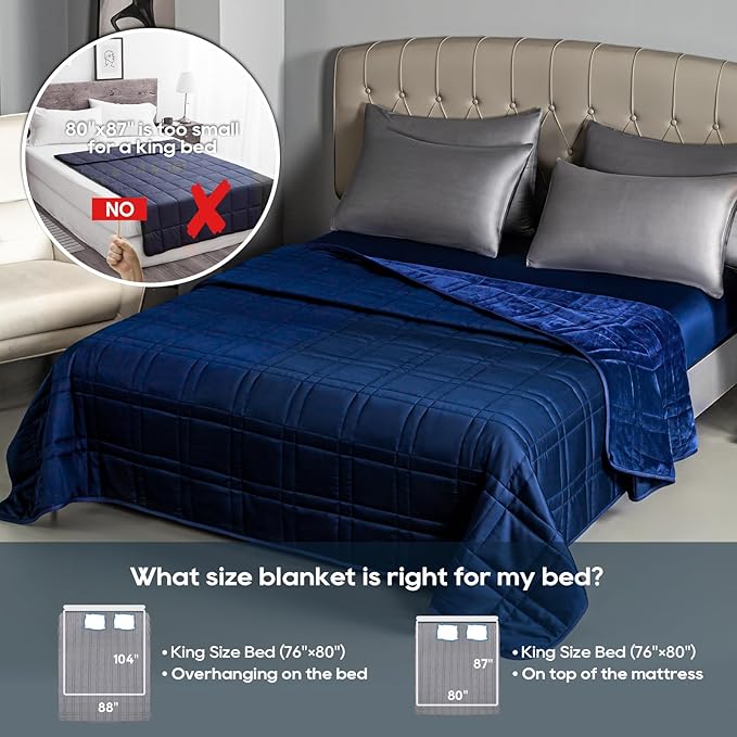 Weighted Blanket King Size 25lbs(88''x104'', Dual-Sided), Reversible King Weighted Blanket with Cozy Warm Velvet & Cooling Tencel Fabric for Adults & Couple All Season - Carry Bag Included, Navy Blue